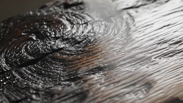 Extreme close up of steaming charred wood texture showing detailed grain and Yakisugi or Shou Sugi Ban surface treatment