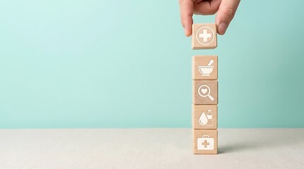 Medical Health Care Delivery Concept Image Showcasing Hands Stacking Wooden Blocks with Medical Symbols