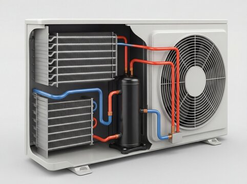 Air Source Heat Pump Cutaway &ndash; Compressor, Evaporator and Condenser Coil System Diagram
