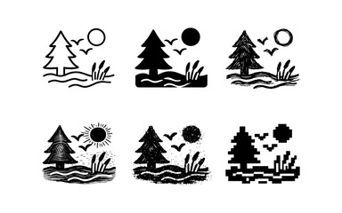 Obraz premium Set of stylized nature icons depicting trees, water, birds, and sun in various artistic styles