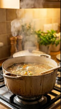Warm vertical video of healthy soup simmering in a pot on a kitchen stove.