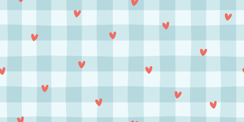 Plakat Heart seamless pattern vector with red confetti on blue gingham background. Cute vichy check style for baby shower, boy nursery, kitchen textile. Gentle, stylish, modern doodle.