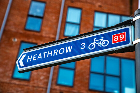 Heathrow Airport Directional Road, Designated Cycle Path Sign, National Cycle Network Route 89, Bicycle Symbol, West London, England, United Kingdom
