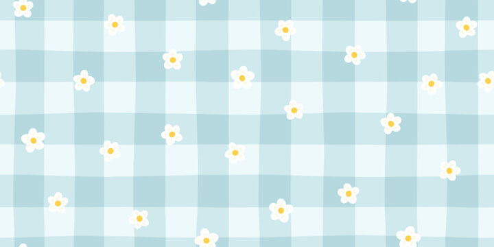 Daisy seamless pattern vector with white flowers on blue gingham background. Cute floral vichy check for baby boy nursery, textile, digital paper, packaging. Gentle, stylish, modern doodle.