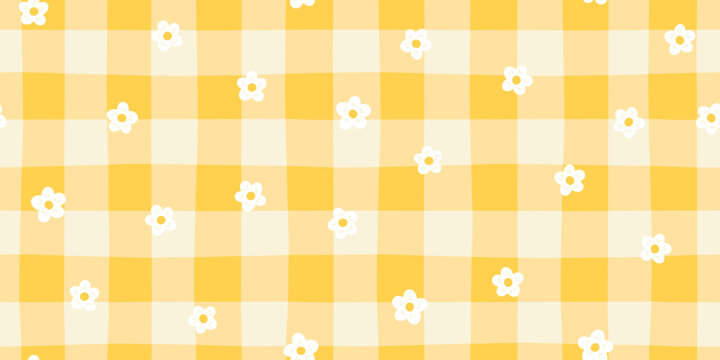 Daisy seamless pattern vector with white flowers on yellow gingham background. Cute floral vichy check for summer picnic, kitchen decor, fabric, wallpaper. Bright, stylish, modern doodle