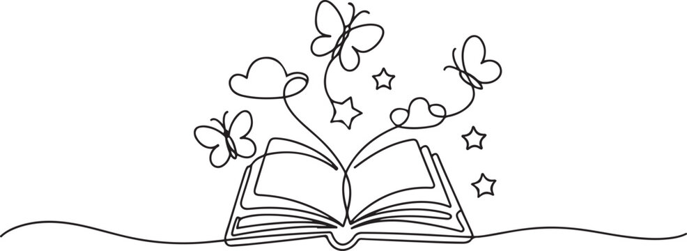 Open book with butterflies, stars and clouds in continuous one line art style. Children's fantasy storybook. one line art icon drawing vector