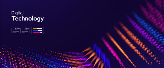 Digital Technology Big Data Background With Colorful Neon Particle Waves And UI Dashboard Elements On Dark Space. Digital Technologies Futuristic Background. Vector Illustration.