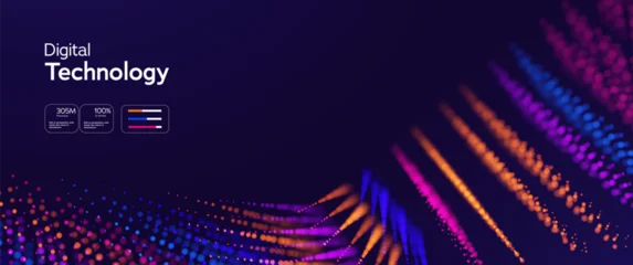 Fototapete Rund Restaurant Digital Technology Big Data Background With Colorful Neon Particle Waves And UI Dashboard Elements On Dark Space. Digital Technologies Futuristic Background. Vector Illustration.  © Oleg