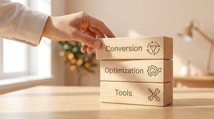 Wooden Blocks with Business and Marketing Keywords in a Modern Office Setting