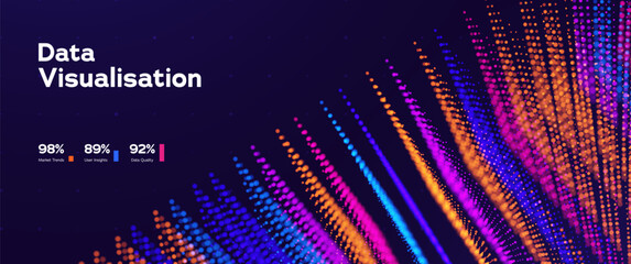 Data Visualization Analytics Background With Colorful Digital Dots Waves And Dashboard Statistics. Data Visualizations For Business Intelligence And Reports. Vector Illustration.