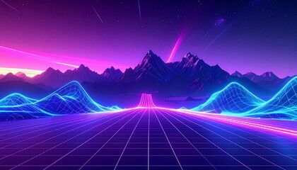 Synthwave Landscape - Retro Futuristic Grid and Mountain Scenery.