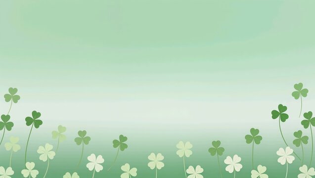Light green background with clover leaves border and lucky four leaf clovers, copy space
