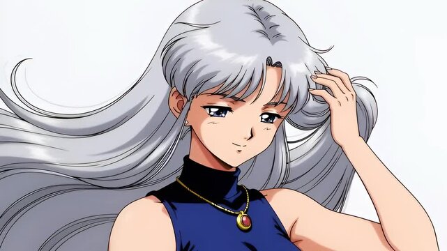 Silverhaired anime character gracefully adjusts hair in gentle breeze