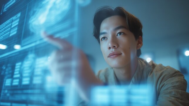 A young Asian man is working with a transparent screen. Close-up of the gesture to the holographic interface, blue data panels, office environment, emphasis on analysis and technology.