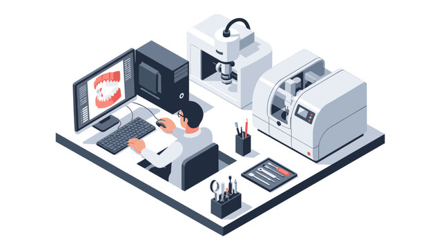 Isometric dental lab technology concept with cad cam equipment and technician at workstation