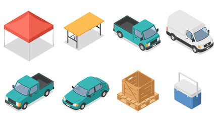 Isometric icons of vehicles, tent, table, and box for outdoor and transport design