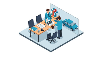 Obraz premium Car dealership office meeting with business professionals and car in isometric style