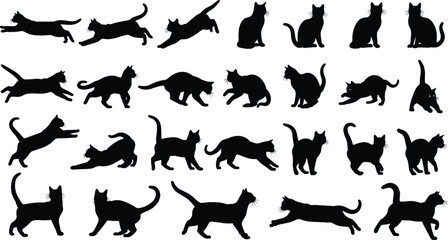 Large set of black cat silhouettes in various poses including running jumping stretching and sitting isolated on white background for feline pet animal graphic design © Creative Minds