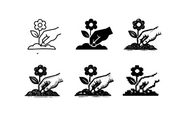 Fototapeta premium Collection of hand planting a flower seedling in soil, various artistic styles