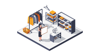 Fototapeta premium Modern isometric clothing store interior with shelves and customer interaction