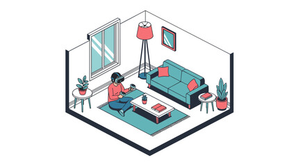 Obraz premium Isometric room with person using virtual reality in modern interior design