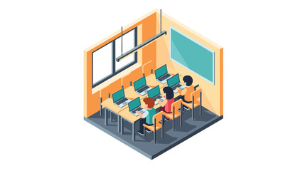 Isometric classroom with students using laptops in a modern learning environment