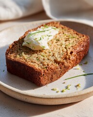 Single rustic slice of zucchini bread topped with cream cheese on a textured plate, with scattered herbs and a soft fabric background