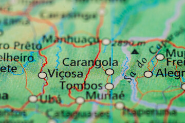 Macro map detail showing Vicosa and Carangola Minas Gerais Brazil.