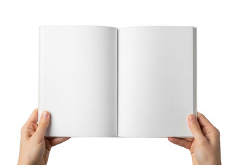 A person holding an open blank book against a white background.