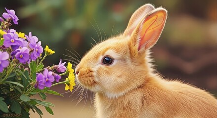 Obraz premium A cute little rabbit smelling purple flowers in a garden