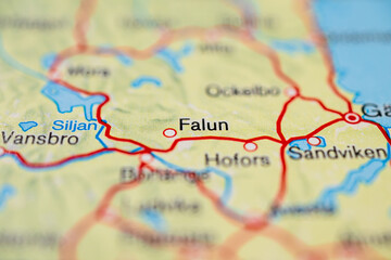 Detailed road map showing Falun and Sandviken Sweden.