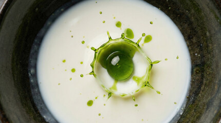 Heavy drop of green basil oil splashing into white buttermilk