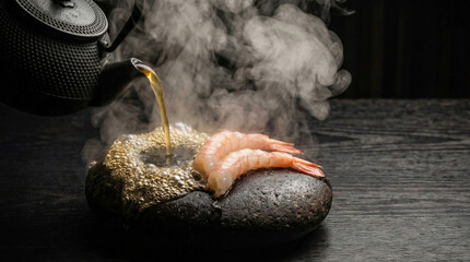 Steaming hot dashi broth pouring over raw shrimp on scorching river stone