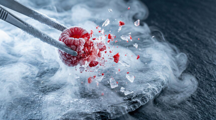 Flash-frozen raspberry shattered by liquid nitrogen cryogenic smoke