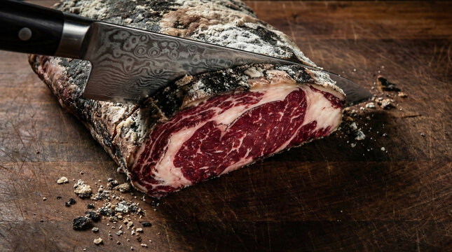 Damascus steel knife slicing crusty pellicle of dry aged ribeye