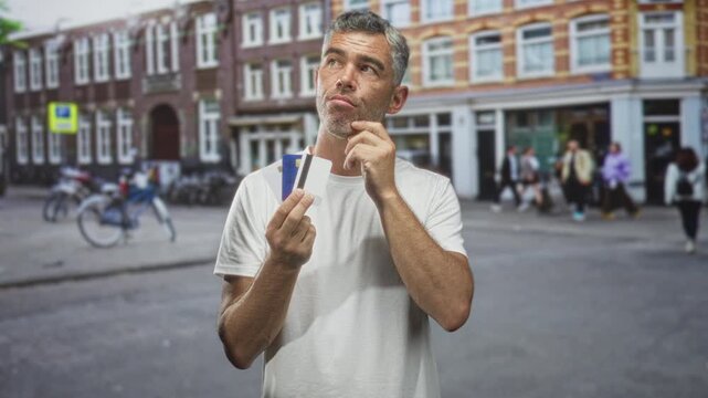 Man holding creditcard and touching chin on street in front of building and bicycles, middleaged with grey hair visible; financial worry.