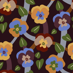 Cotton fabric Professional high quality dark floral seamless pattern featuring retro pansies in mustard ochre and dusty blue colors on a chocolate brown background for textile and wallpaper