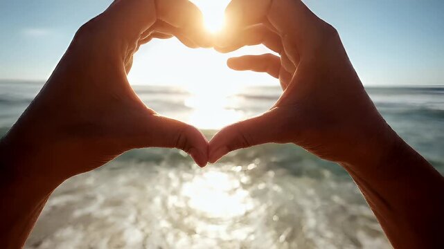Romantic love theme for Valentines Day. Two hands forming a heart shape on the beach at sunset, with the sun casting a golden hue over the water and sky.