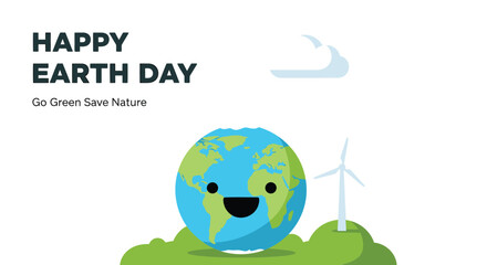 Naklejka premium Earth Day vector illustration with smiling globe, wind turbine, and green hills