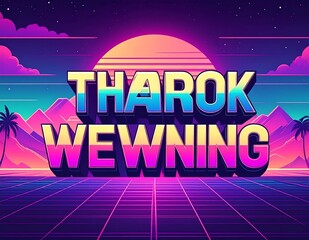 Tharok Wewning - A Retro Synthwave Text Design with Sunset and Palm Trees.