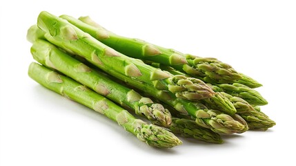 Fresh asparagus spears arranged in a diagonal pattern on a white background, showcasing varying shades of green and textures. 