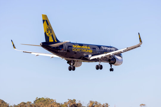 Luqa, Malta - February 24, 2026: Eurowings Airbus A320-214 (REG: D-AEWM) in the special BVB FanAirbus livery, landing runway 31 in the morning.