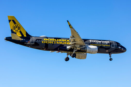 Luqa, Malta - February 24, 2026: Eurowings Airbus A320-214 (REG: D-AEWM) in the special BVB FanAirbus livery, landing runway 31 in the morning.