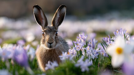 Obraz premium nature photography, a brown hare pauses in a field of blooming crocuses and daffodils, gazing at the camera, creating a captivating wildlife scene