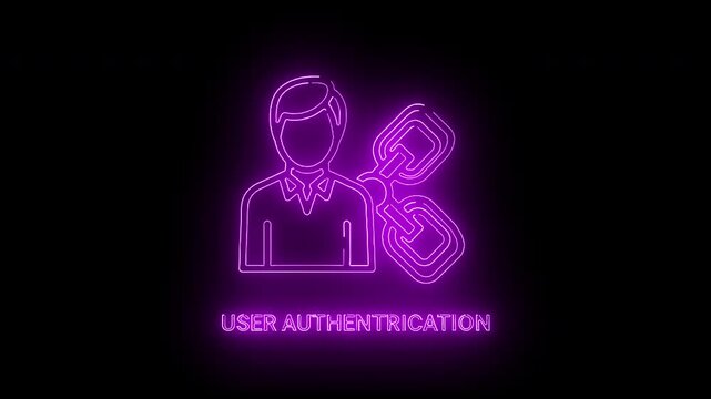 Neon purple illustration of a person with a key for user authentication on a black background with a futuristic mood.