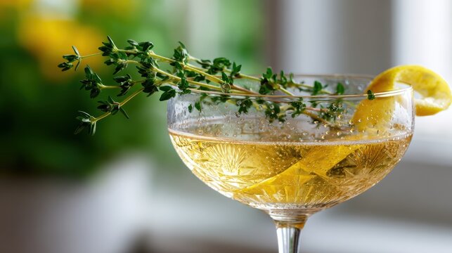 spring cocktail capture, a close-up of a vibrant spring cocktail in a coupe glass, featuring a thyme sprig and lemon twist, with clear liquid and soft side lighting