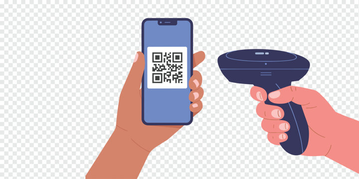 Hands Holding Smartphone with QR Code Scanner Isolated on Transparent Background Digital Payment Concept