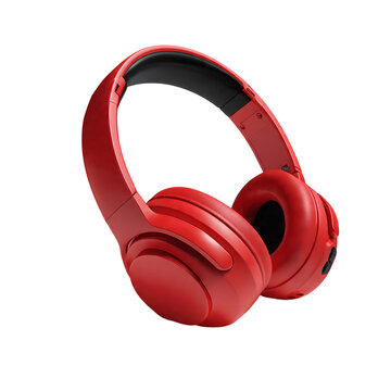 A pair of vibrant red headphones resting on a clean surface. The over-ear design features plush earcups and a padded headband. isolated on a transparent background