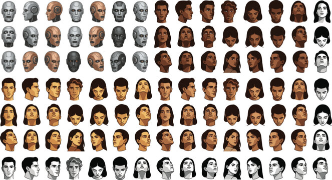Massive Collection of Human and Robot Head Portraits Looking in Various Directions from Different Angles Vector Illustration Set