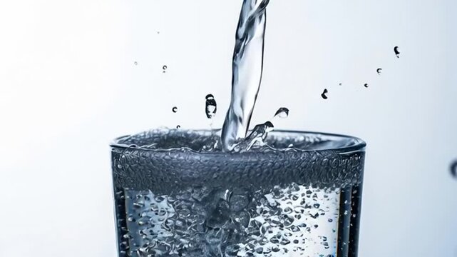 Fresh water pouring into clear glass with splashing bubbles
